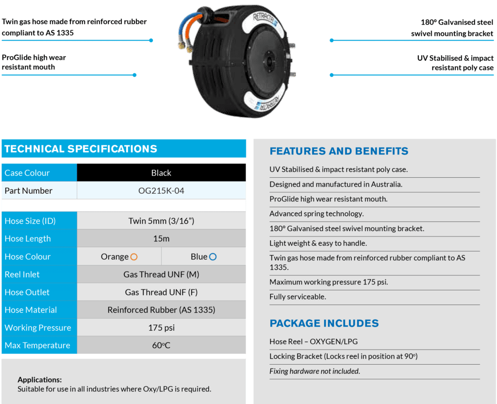 Hose Reels Welding Gas OXYGEN LPG OG215K features
