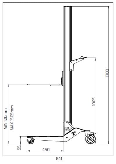 Powerlift GO Powered Lifting Trolley Dimensions